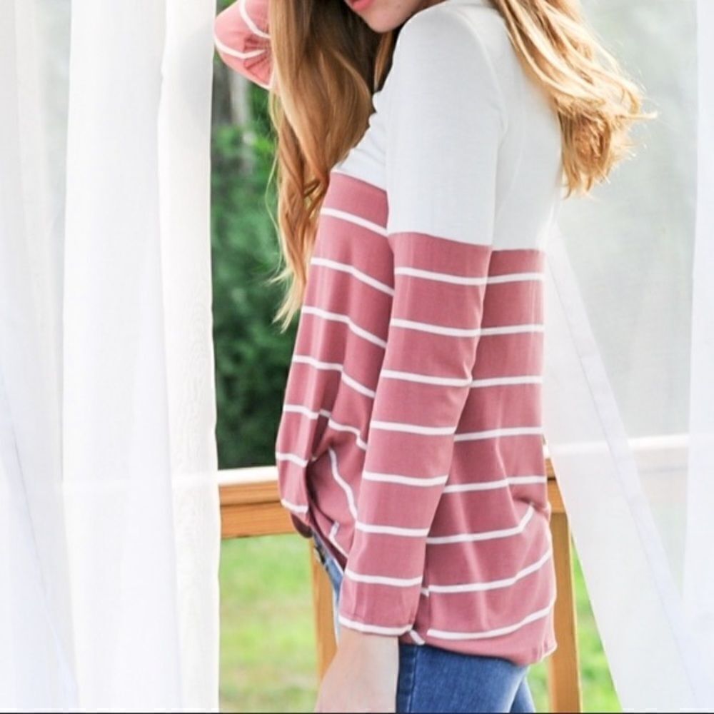Pink & White Striped Color Block Twist Front Top - Picture 10 of 16